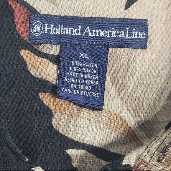 Holland America Line Mens Hawaiian Shirt XLarge Black Beige Floral Collar Pocket - Picture 8 of 12